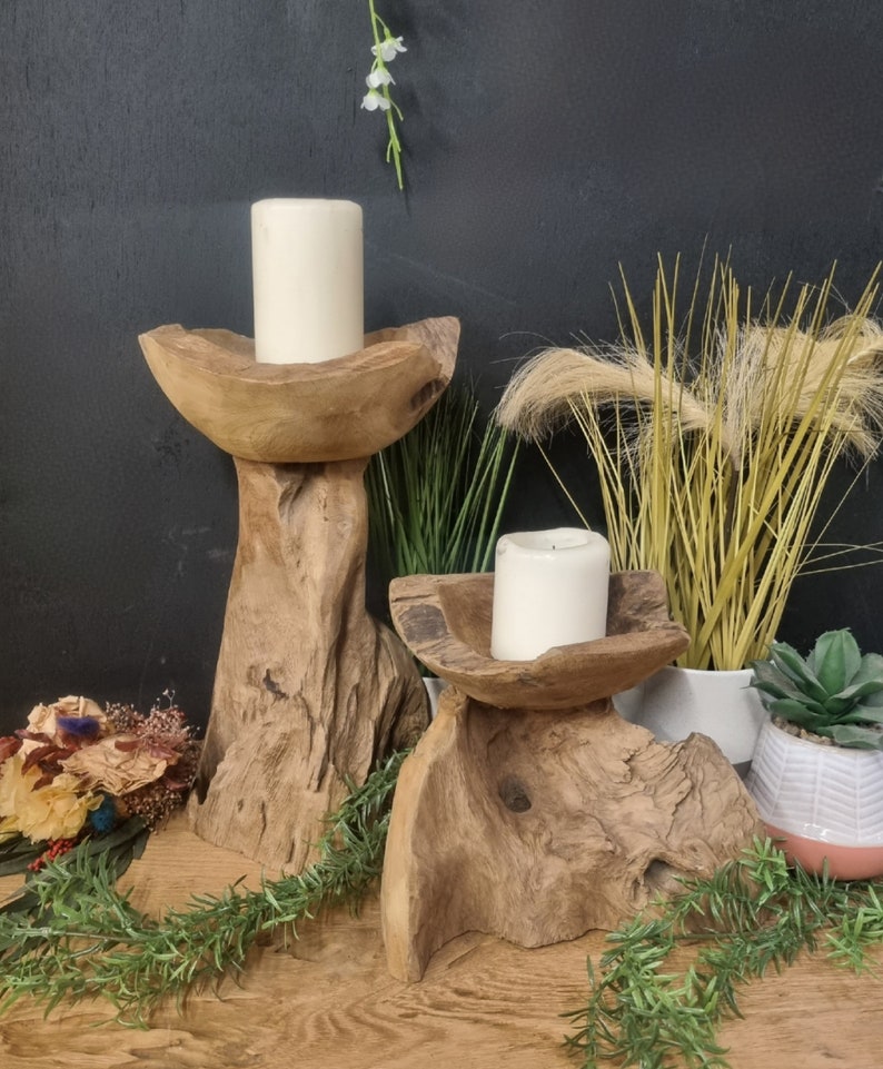 Antique Teak Rustic Candle Holder Pair Natural Unusual