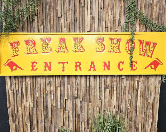 Vintage Yellow Freak Show / Fair Ground / Circus Sign Hand Painted Unusual Sign Retro