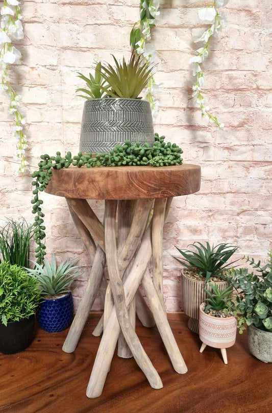 Twisted Root Teak Stool / Side Table / Plant Stand Bohemian Sustainable Natural