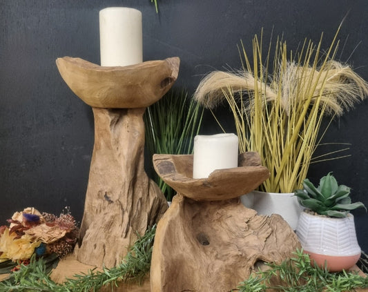 Antique Teak Rustic Candle Holder Pair Natural Unusual