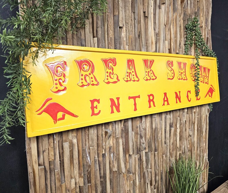 Vintage Yellow Freak Show / Fair Ground / Circus Sign Hand Painted Unusual Sign Retro
